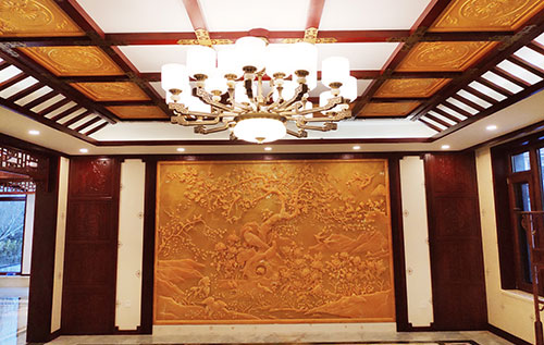 浦东中式别墅客厅中式木作横梁吊顶装饰展示
