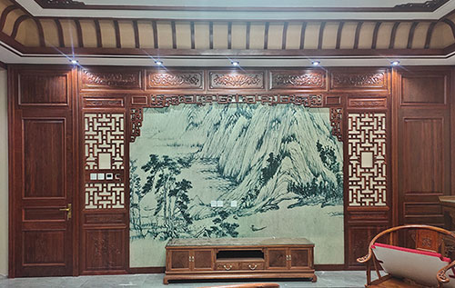 浦东中式仿古别墅客厅背景墙花格木作装饰